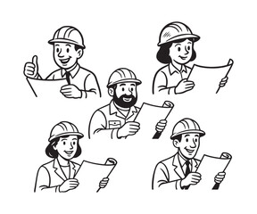 Diverse team of construction professionals collaborating on blueprints, celebrating project success with confident expressions and clear plans.