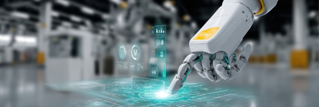 Advanced Robotic Hand Interacting With Digital Technology in Modern Industrial Setting at a Manufacturing Facility