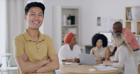 Portrait, creative and man with arms crossed in office for career pride, about us and real estate....