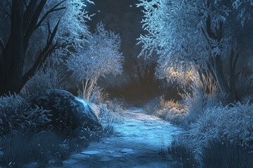 An enchanted winter forest with ice-covered trees and glowing frost