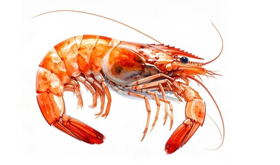 Realistic hand-drawn illustration of a delicious red prawn, highlighting its segmented body and long whiskers, a vibrant symbol of fresh seafood and gourmet cuisine, on white