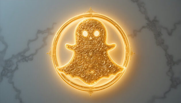 A radiant golden snapchat logo, encircled by a shimmering ring, stands out against a soft, marbled background, exuding a sense of modern luxury and digital sophistication