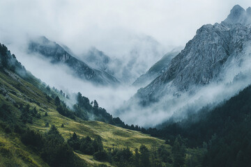 An ethereal mountain pass where fog swirls around jagged peaks and gentle slopes