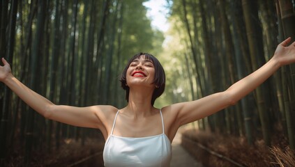 A woman joyfully embracing the natural beauty of a bamboo forest, spreading her arms with a smile. The tranquil setting is filled with sunlight, creating a sense of peace and harmony. 