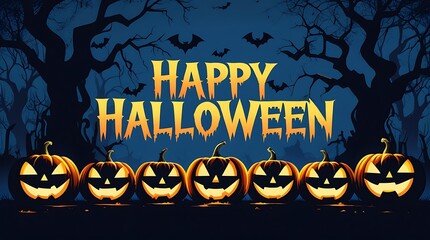 Happy halloween text with carved pumpkins and spooky forest background.
