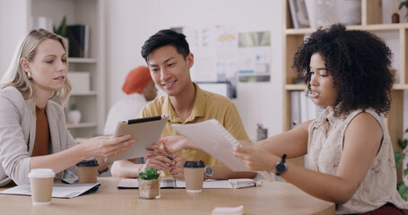 Paperwork, meeting or editing team with tablet in creative agency, article feedback and changes for feature. Magazine, publication, people and review manuscript draft for grammar, fact check and tech