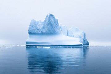 An iceberg shaped like frozen castle, standing alone in the icy wilderness