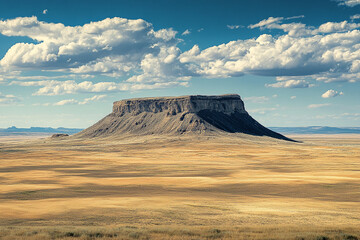 An isolated desert plateau, towering above rolling expanse of dunes