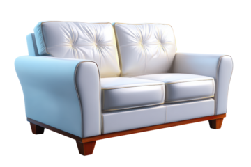 A plush white tufted leather sofa with gold trim and wooden legs presented isolated on transparent background. PNG die-cut for advertising