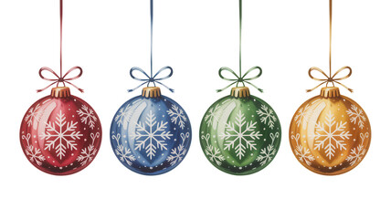 Four ornate vintage christmas ornaments in red blue green and gold hanging with ribbon bows isolated on transparent background