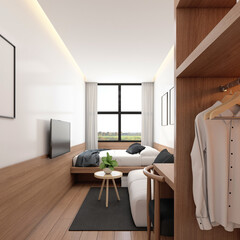 Bedroom with wooden wardrobe, coffee table and minimalist sofa. 3d rendering