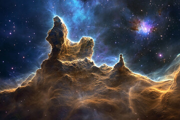 An otherworldly mountain peak, where alien-like rock formations contrast against the galactic expanse