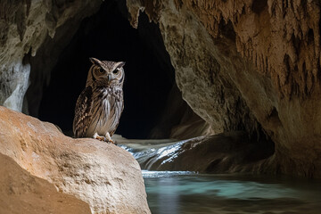 An owl perched on a stalactite above an underground stream