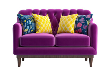 Plush purple tufted sofa featuring four decorative throw pillows with floral and geometric patterns isolated on transparent background. PNG die-cut for advertising