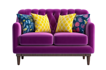Plush purple tufted sofa featuring four decorative throw pillows with floral and geometric patterns isolated on transparent background. PNG die-cut for advertising