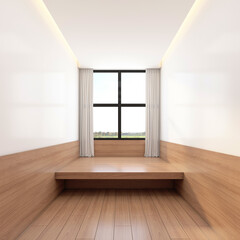 Empty room with windows and curtains, white and wood wall, wood floor and white ceiling. 3d rendering