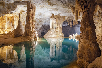 An underground lake inside a limestone cave, reflecting its towering formations