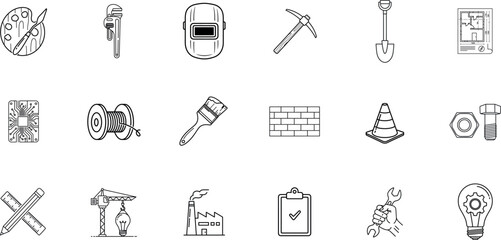 Collection of hand drawn industrial and construction tools and safety equipment on a white background