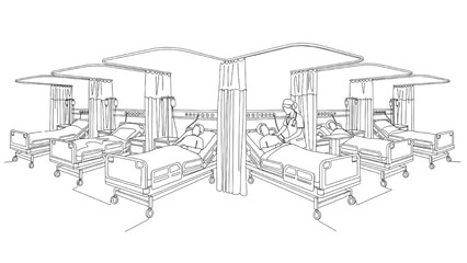 Hospital Ward Line Art — Nurse Attending Patients in Bed with IV Stands and Curtain Partitions, Minimal Continuous Vector Illustration
