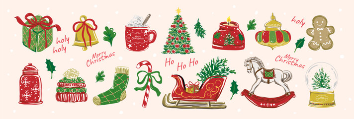Set of Christmas holly decorations, Christmas hand drawn elements for design greeting card label new year, Christmas ornament vector illustration