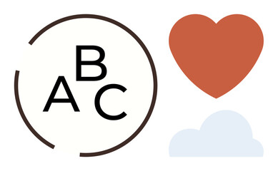 Fototapeta premium Bold ABC typography encased in a circle, red heart, and blue cloud. Ideal for learning, love, inspiration, creativity, emotion storytelling communication. Simple flat metaphor