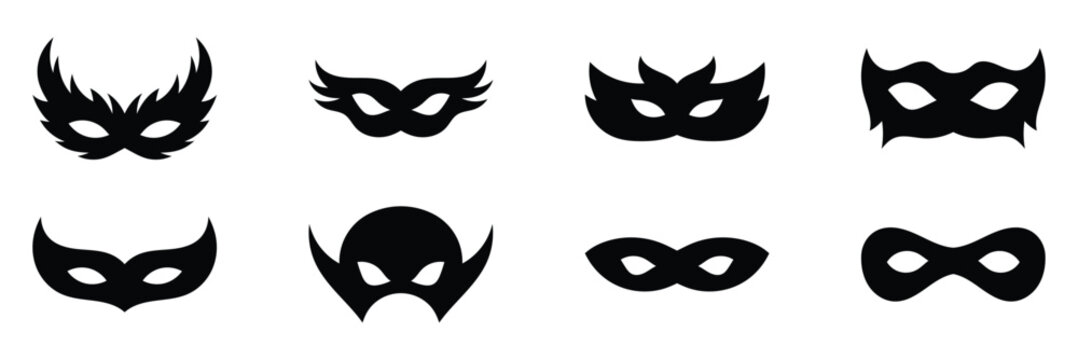 Black mask vector icon collection. Different masks silhouette isolated on white background. Set superman, superhero themes, cosplay graphics, comic illustrations, logo, and creative designs.