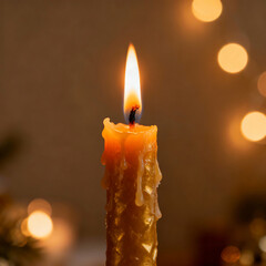 Close-up of a lit Hanukkah candle, gentle bokeh in the background, festive cozy atmosphere.