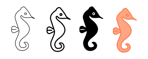 Set of minimalist seahorse icons with transparent background, depicting marine creatures, ocean wildlife symbols, and aquatic animal graphics, vector illustration