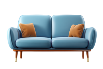 A modern light blue two seater couch with two orange accent pillows and wooden legs with gold caps isolated on transparent background. PNG die-cut for advertising