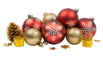 A festive collection of red and gold christmas ornaments with snowflake designs and pinecones isolated on transparent background