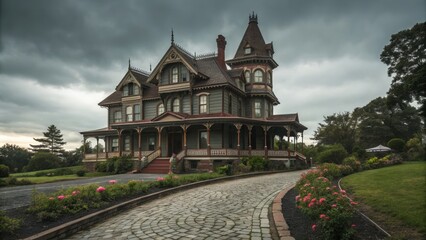 A grand Victorian mansion with ornate detailing under cloudy skies