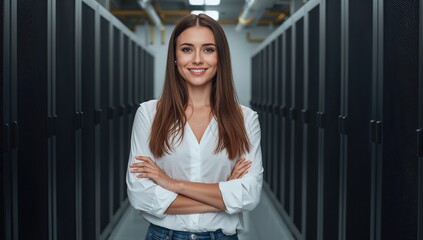 A confident woman standing in a server room, smiling with crossed arms