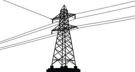 High voltage electricity pylon silhouette, power transmission tower, energy infrastructure, lattice structure, industrial utility, electric grid, sunset background, vector illustration © Creatives Mind