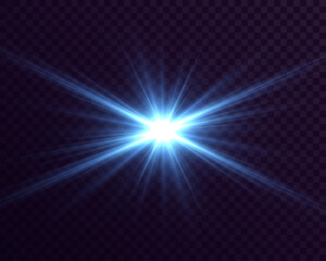 Bright blue glowing light flare with shining starburst rays and transparent glow effect on dark background.
