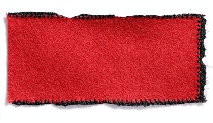Red fabric tag, torn edges, stitched border