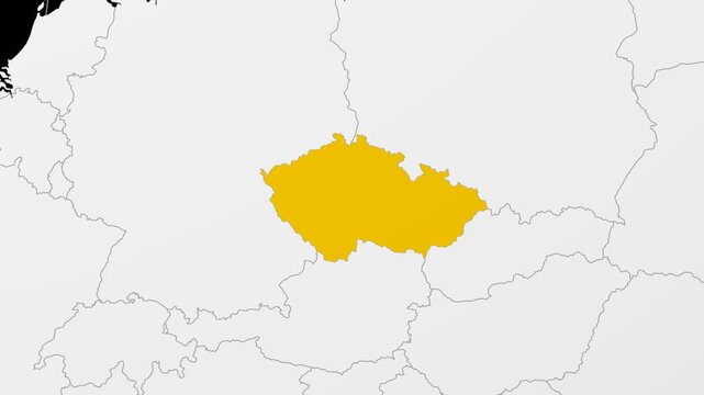 Czechia map. Animated zoom into the country on the Globe in Black White color palette. Country logo animation. Map with meridians, parallels. Beautiful video.