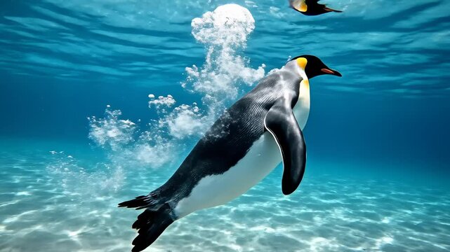 Emperor Penguin Swimming Underwater With Bubbles, Close Up