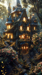 Fototapeta premium cozy fantasy wooden house glowing in forest surrounded by flowers and magical lights