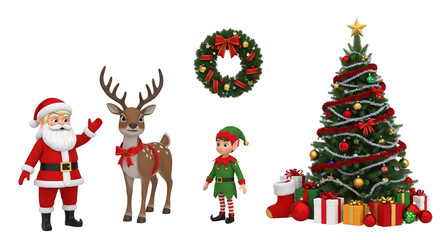 Christmas Holiday Set: Santa, Reindeer, Elf, Tree, Wreath. Festive Collection.  on transparent background
