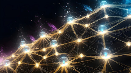 Cinematic Golden Neural Network Web with Glowing Nodes on Black Futuristic Background