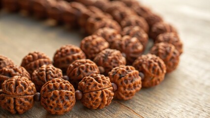 Obraz premium Rudraksha beads on wooden surface symbolize spirituality in Indian holy city Varanasi
