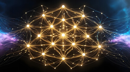 Cinematic Golden Neural Network Web with Glowing Nodes on Black Futuristic Background