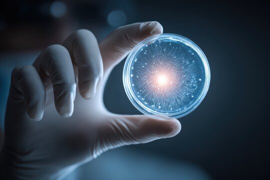 Closeup view of a scientist's hand holding a petri dish containing a thriving culture in a laboratory setting during an experiment