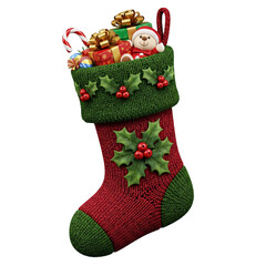 Red Green Holiday Stocking Filled with Presents Candy Cane  on transparent background