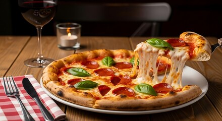 Delicious pepperoni pizza with melty cheese and fresh basil