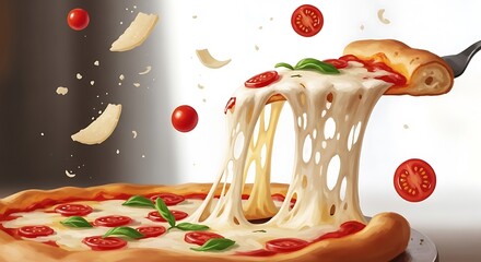Delicious pizza slice with melty cheese and flying tomatoes