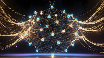 Cinematic Golden Neural Network Web with Glowing Nodes on Black Futuristic Background