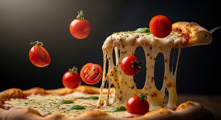 Delicious pizza slice with falling tomatoes and melty cheese