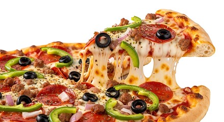 Delicious pepperoni and vegetable pizza slice with melty cheese