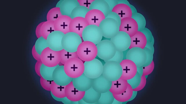 3D illustration of an atomic nucleus composed of colorful protons and neutrons, glowing softly against a dark background, symbolizing nuclear energy, physics, and subatomic structure